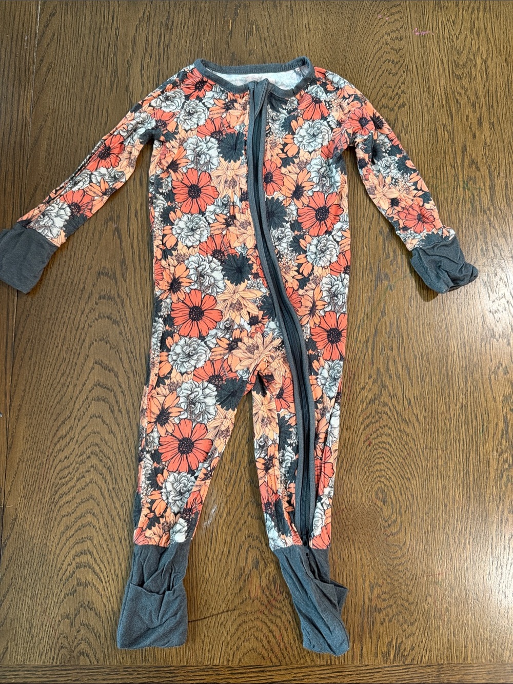 Bamboo Floral Zip-Front Kids Footie Romper - Coral & Gray